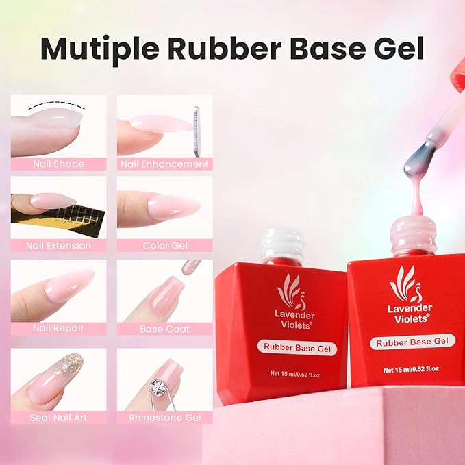 Lavender Violets 2pcs 15ml Builder Gel Rubber Base Gel Polish Pink & White Neutral Colors for Nails Thickening, Nail Strengthening Extension Repair Natural Nails Base & Color 2in1 A110+A112