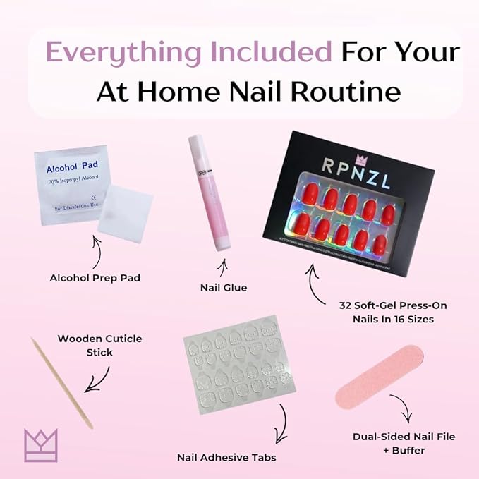 Press On Nails - Scarlett | Opaque Bright Red Short Squoval Fake Nails, Salon Quality | 32 Nails, 16 Sizes Kit with Glue and Adhesive Tabs I Female Founded - Beauty, Self Care
