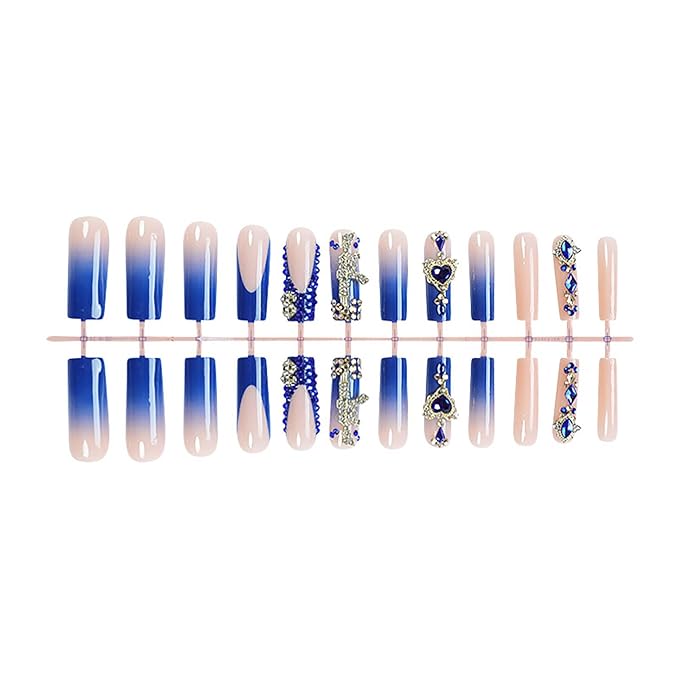 Square Press on Nails Long RTKHFZE Xl Fake Nails Blue French Tip False Nails Ombre Glue on Nail with Designs Nails Charm and Rhinestones Acrylic Stick on Nail for Women Nail Decorations