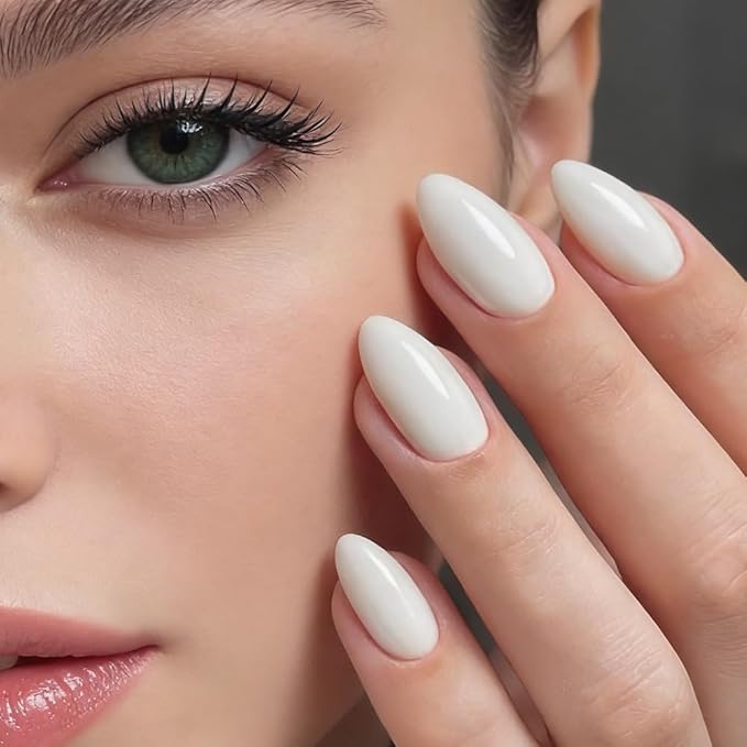 White Press on Nails Short Almond Fake Nails Acrylic False Nails Acrylic Glue on Nails Press ons Artificial Stick on Nails for Women Decorations 24 Pcs