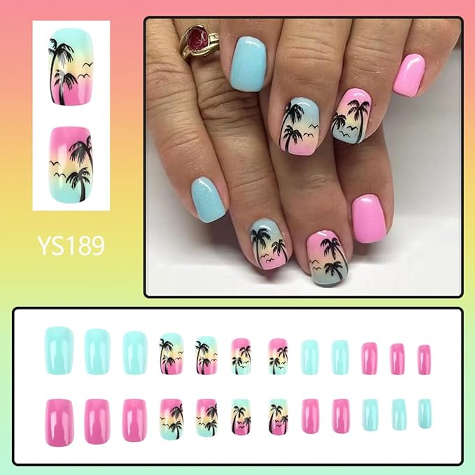 Tropical Press on Nails Summer Beach Fake Nails Short Square Nails Press ons with Design Reusable Artificial Nail Full Cover Glue on Nail Stick on Nails for Women Manicure 24Pcs