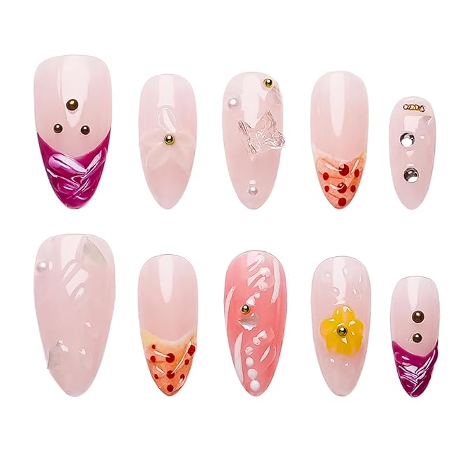 Light Pink Press On Nails - Medium Almond Handmade 3D Floral Gradient Color with Water Drop Butterfly Decor & Seashell,Hand-painted French Tip for Spring Summer (Hand Painting,S)
