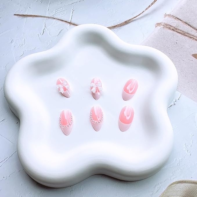 24 Pcs French Tip Press On Nails - Short Almond Bow Fake Nails with Pearl Designs - White French Tip False Nails - Reusable Artificial Nails for Women & Girls