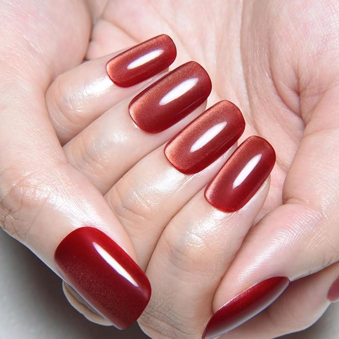 Red Cat Eye Press on Nails Medium Square, Medium Square Press Stick on Nails Chrome for Women Gift, Red Holographic Glitter Glossy Reusable Soft Gel Acrylic Fake Nail with Designs Cateye Effect