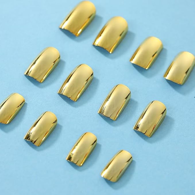Gold Press on nails Metal Chrome Fake Nails Short Square False Nails Press ons Mirror Golden Acrylic Nails Glossy Luxurious Metal Glue Stick on Nail for Women Manicure 24pcs