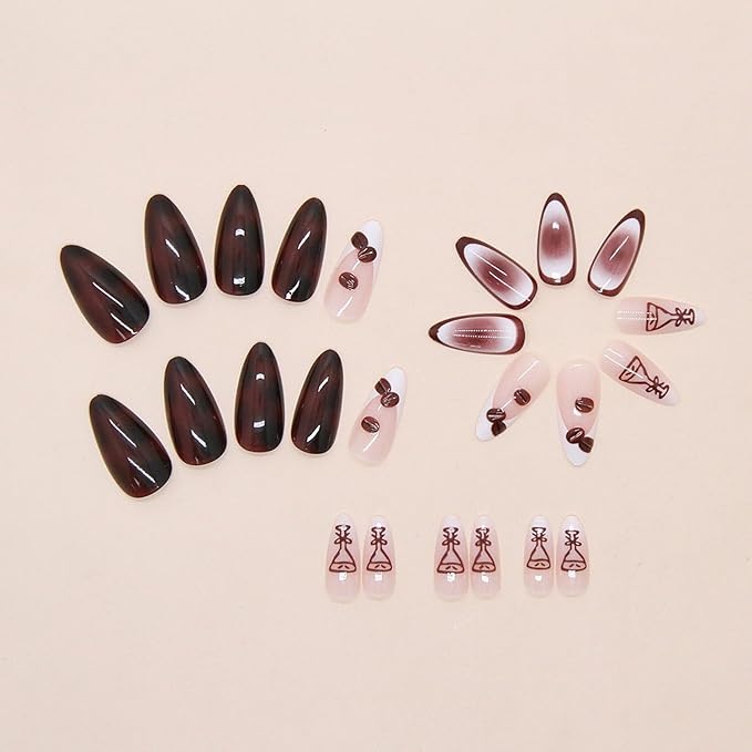 Press on Nails Medium Almond 24Pcs Brown French Tip False Nails with Coffee Beans Goblet Designs Full Cover Glossy Glue on Nails Stick on Nails for Women Girls