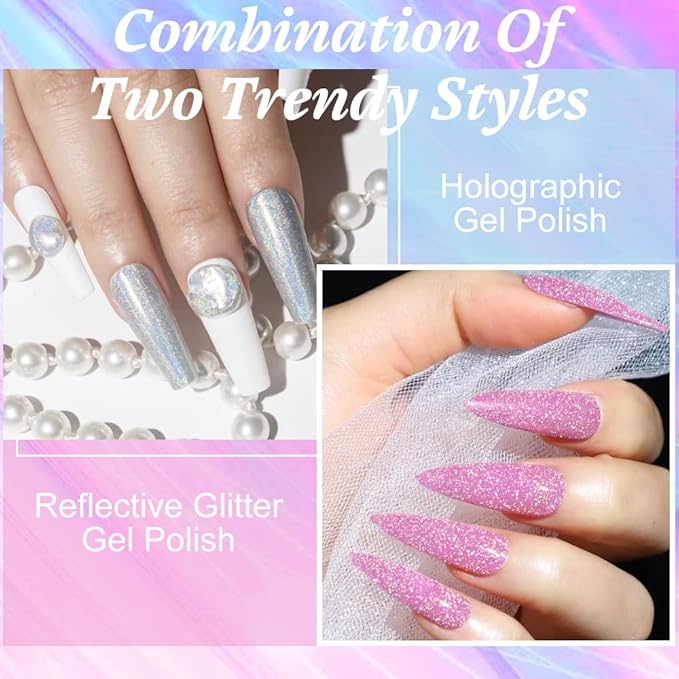 MIZHSE 6 Glitter and 6 Holographic Gel Nail Polish, Sparkle Shiny Glossy Rainbow Iridescent High Pigment Gel Polish Nail Lacquer Soak Off Manicure Art Gift for Ladies