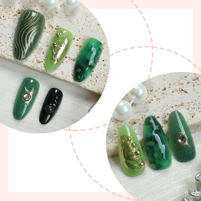 Green Agate Press-On Nails with Gold Wave & Butterfly Design - 24pcs Reusable Fake Nails with 3D Rhinestones & Zodiac Decor for Women (Coffin Shape)