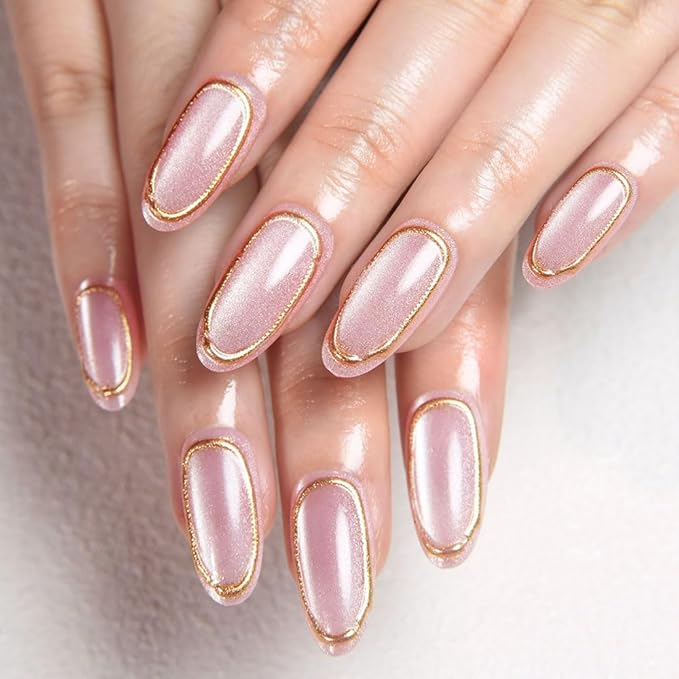evpct Gold Line 3D Cat Eye Press On Nails Medium Almond with Designs, 3D Crystal Handmade Press on Nails for Women, Reusable Medium Almond Gel Acrylic Fake Nail Stick on Soft Nail Gold Tip