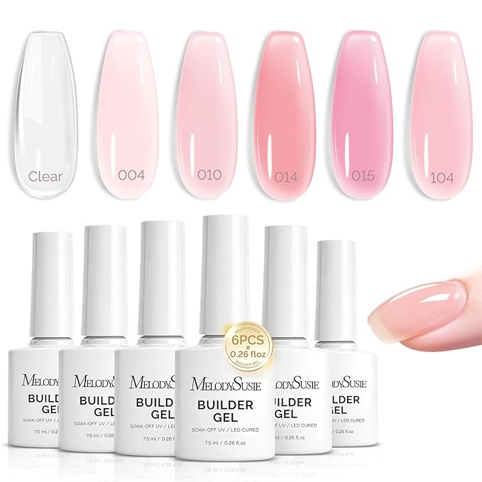 MelodySusie Builder Gel Nail Polish Set, Base Colors Jelly Pink Clear 8 in 1 Nail Thickening Rubber Base Gel Polish,Soak Off UV Extension,Rhinestone Nail Glue in a Bottle Gift for Women 6 Colors