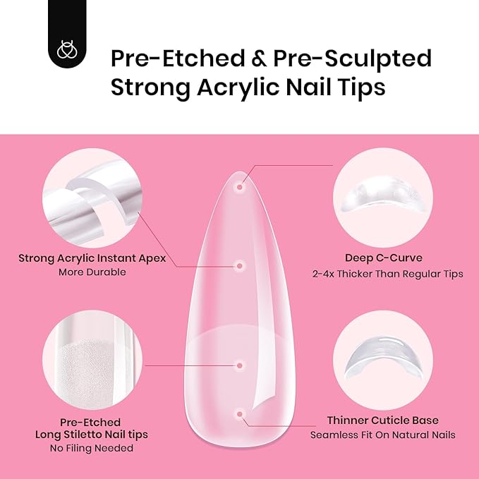 Beetles Tipex Instant Apex Nail Tips Kit, Stiletto Long, 224pcs 16 Sizes, with Tipex UV Nail Glue Mini Nail Lamp,Pre-Building Pre-Etched Strong Thicker Acrylic Nail Tips Set