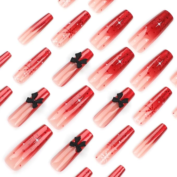 Christmas Press on Nails New Year Long Square Fake Nails Red French Tip False Nails Snowflake Design Full Cover Glossy Glue on Nails for Women 24PCS