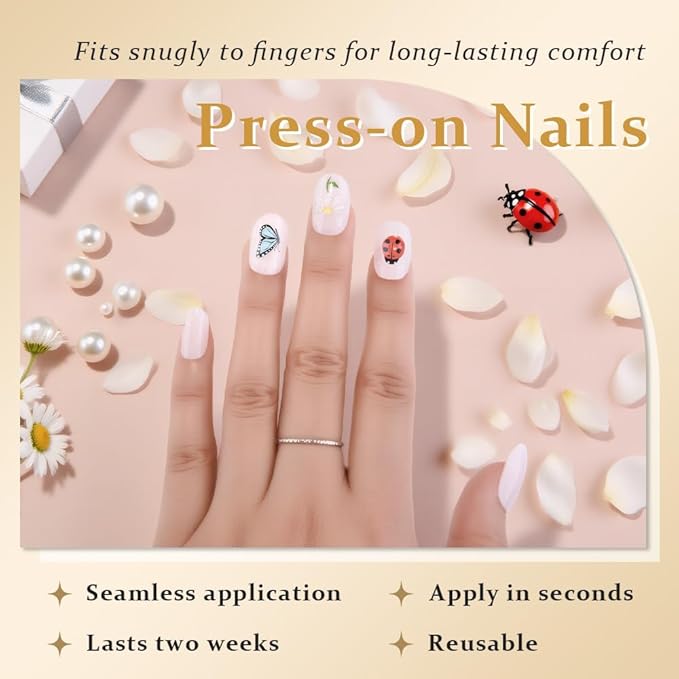 evpct Baby Pink Press on Nails Medium Oval, Glossy Artificial 3D Fake Nails Kit with Design, Spotted Ladybug & Butterfly & Mushroom & Flower, Stick on Nails with Nail Kit, Reusable Stick on Nail Kit