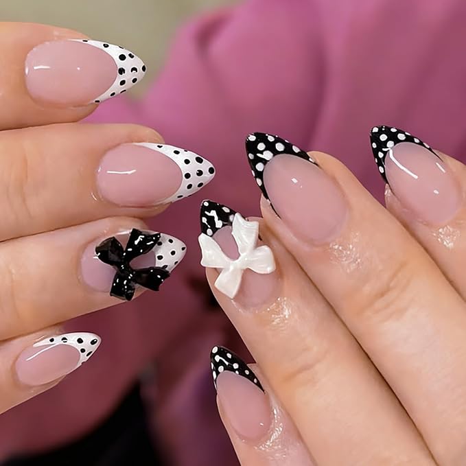 24Pcs French Tip Press on Nails Medium Almond Fake Nails with 3D Black White Bow Design Cute False Nails Polka Dot Nails Tip Glossy Glue on Nails Reusable Stick on Acrylic Nails for French Manicure
