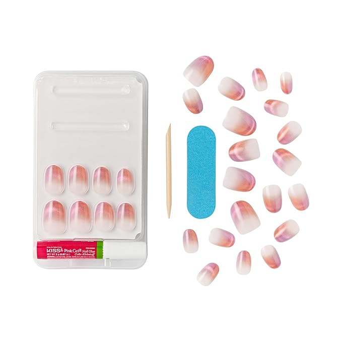 WICKED X KISS Press On Nails, ‘Pink Perfection’, Pink, Short Oval, Waterproof, Chip Proof, Smudge Proof, 28 Fake Nails, Gel Nail Glue (2g), Mini Nail File, & Manicure Stick