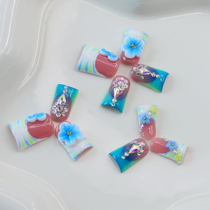 10Pcs Blue Green Duck Press on Nails Handmade Fake Nails Short French Tip False Nails with 3D Flower Rhinestone Design Acrylic Nails Press ons Summer Flower Nail Handmade Stick on Nail for Women (S)