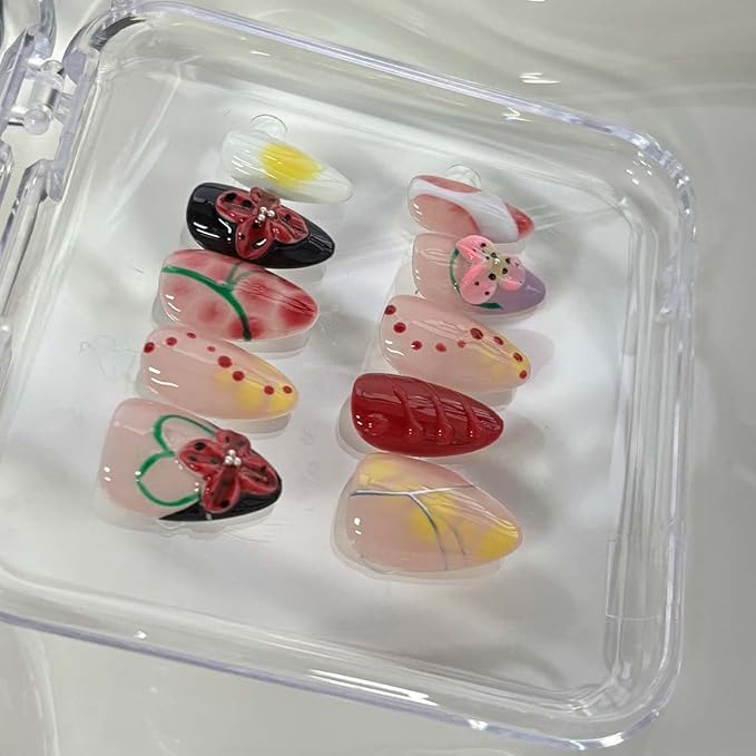 Short Almond Press On Nails Handmade Fake Nails With Red 3D Flower Design Full Cover Stick On Nail Floral Acrylic Artificial Glossy False Nail For Women Girls 10pcs (SIZE:M)