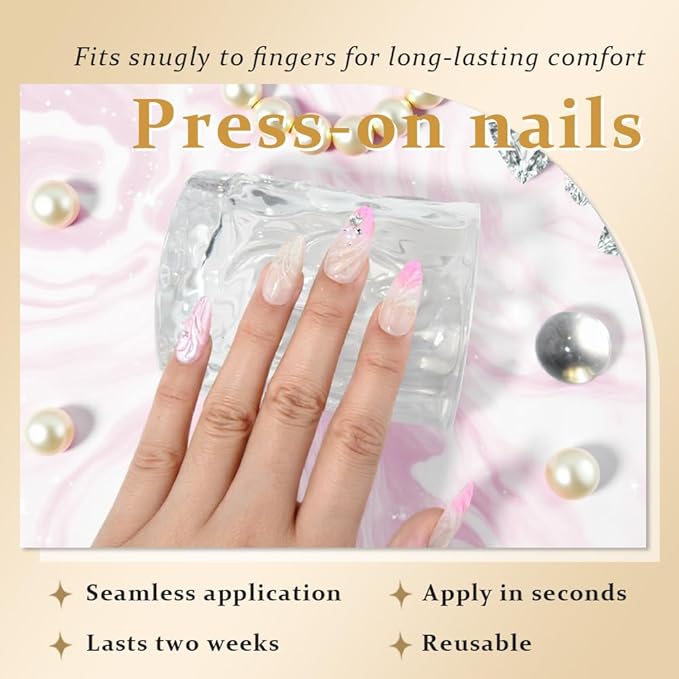evpct Spring & Summer Press on Nails Medium Almond, Pearl White Pink Fake Nails Press ons with 3D Shell Design, Light Weight Perfectly Fit Nails for Women Gift, Fake Nail Kit with Kits Gel 24Pcs