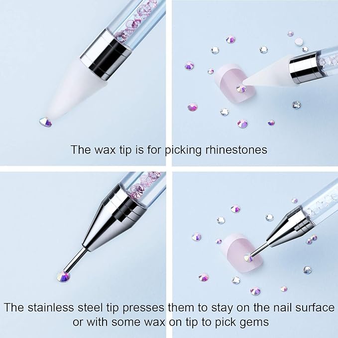 Tatuo 2 Pieces Rhinestone Picker Dotting Pen, Dual-ended Rhinestone Gems Crystals Studs Picker Wax Pencil Pen Crystal Beads Handle Manicure Nail Art DIY Decoration Tool (Pink, White)