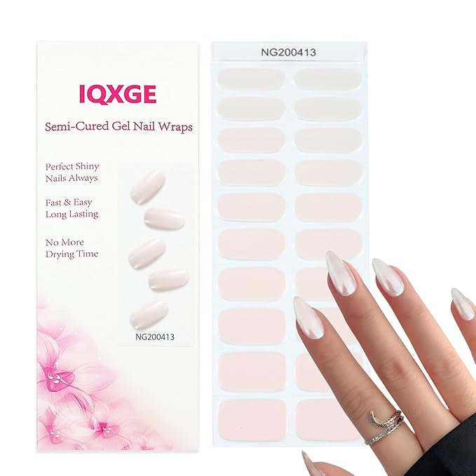 20Pcs Semi Cured Gel Nail Strips UV/LED Light Gel Nail Stickers Full Polish Nails Wraps Mirror Ice White Nails Polish Strips for Women Includes Prep Pads, File, Wooden Cuticle Stick
