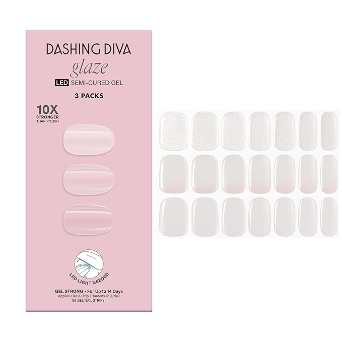 Dashing Diva Glaze Nail Strip 3-in-1 Kit - Best of Blancs - Long Lasting, Chip Resistant, Semi-Cured Gel Nail Strips - Contains 96 strips, 3 prep pads, 3 manicure sticks, 1 nail file