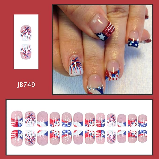 24Pcs Independence Day Press on Nails Short Square Fake Nails with Fireworks Designs French Tip Nails Press ons Full Cover Glossy Stick on Nails Polka Dot Glue on Nails for Women 4th of July
