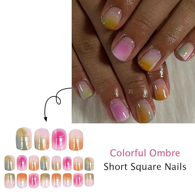 Aura Press on Nails Short Square Fake Nails Colorful Ombre False Nails Press ons with Blooming Design Reusable Artificial Nails Full Cover Glue on Nails Stick on Nails for Women Manicure 24 Pcs
