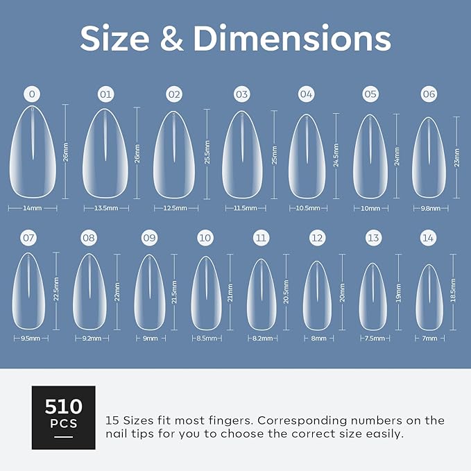 Modelones Medium Almond Nail Tips 510Pcs Clear False Acrylic Almond Press on Nails Pre-shape Full Cover Fake Extension DIY at Home 15 Sizes