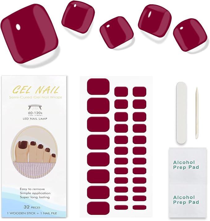 JMEOWIO Gel Toenail Stickers Wine Red Semi Cured Gel Strips Wraps UV/LED Supplies Toenail Art Design Decoration Accessories