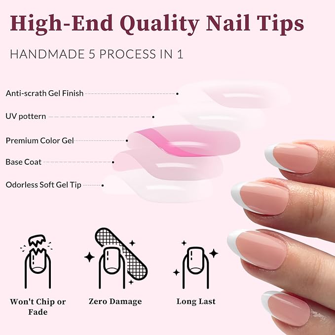 120PC White French Tip Press on Nails Short Fake Nails Press ons with 5*Adhesive Tabs, Pink Almond Acrylic Nail Press on Nail French Tip Nails False Artificial Fingernails Stick on Nails-I