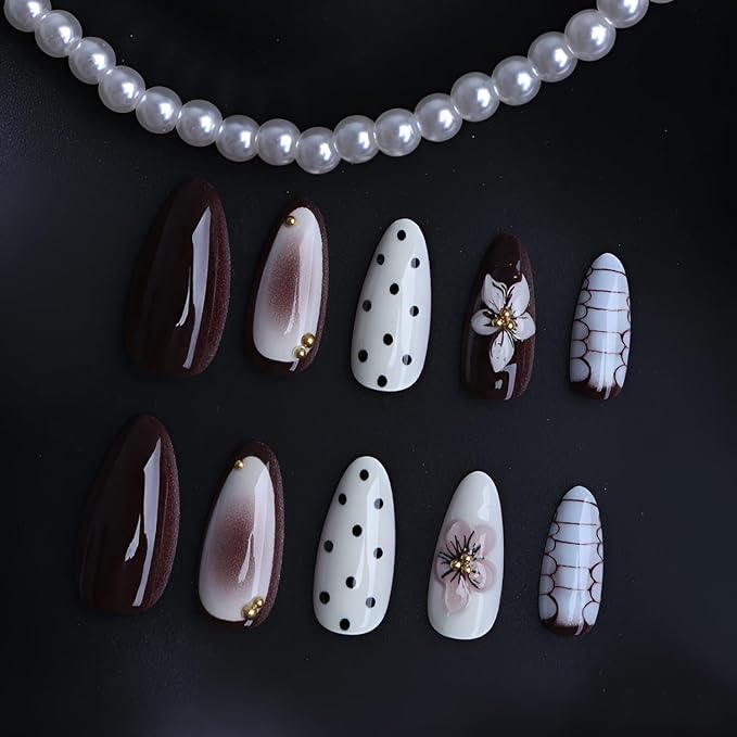 Flower Press on Nails Medium Almond Fake Nails Polka Dot Nails Press Ons Glossy Full Cover False Nails White Brown Glue on Nail DIY Acrylic Stick on Nail for Women Decoration Set 24Pcs