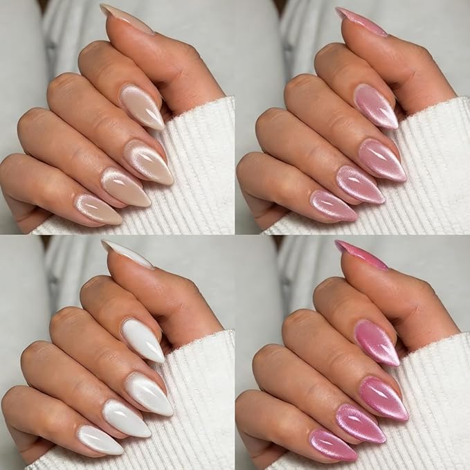 KQueenest 4 Packs Cat Eye Press On Nails Almond, Glitter Chrome Press On Nails Medium, Pastel Fake Nails Press Ons Almond, Sparkle Glue On Nails for Daily Party, 96 Pcs False Nails Kit