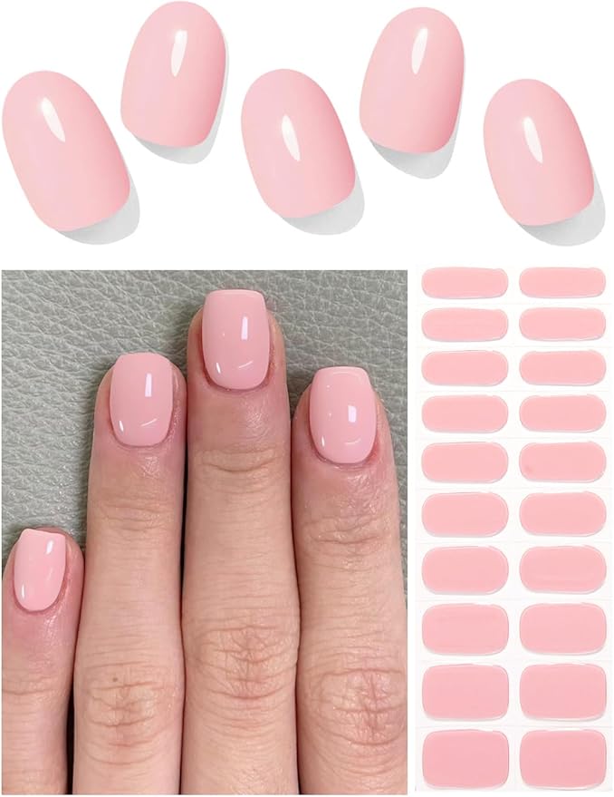 Semi Cured Gel Nail Strips, 20pcs Nude Pink Gel Nail Stickers UV for Home Nails DIY