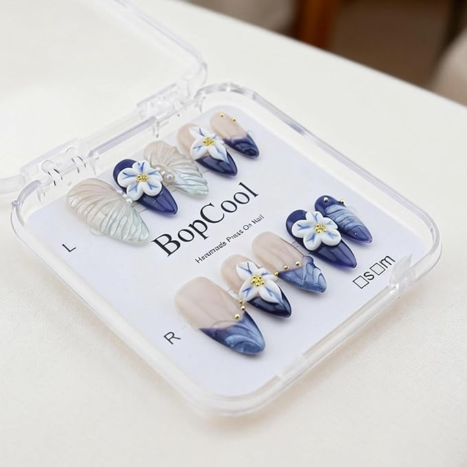 Handmade Press-On Nails – Medium Almond Thick Acrylic Gel Nails, Reusable 3D Flower False Nails, Gradient Blue French Tip Manicure – Salon-Quality DIY Nail Art(10PCS-M)