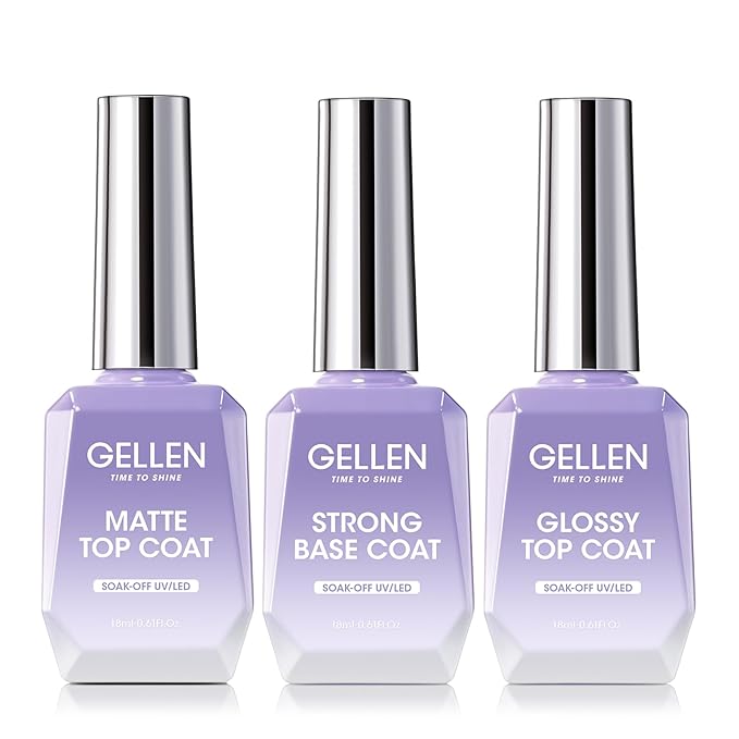 GELLEN 3Pcs Gel Base and Top Coat - 18ML Base Coat Nail Polish, Matte & Glossy No Wipe Clear Top Coat Gel, Soak Off UV Lamp Gel Polish Set for Starter