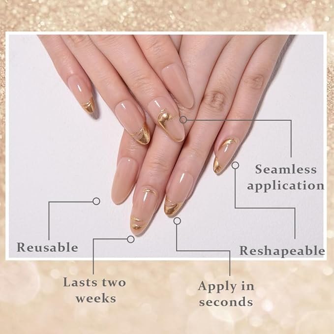 3D Glod Line Press on Nails Medium Almond with Design, Nude Pink Glossy Press on Stick on Nails for Women Gift with Kit, Reusable Soft Gel Stick on Cute Fake Arcrylic Nail with Designs Perfectly Fit