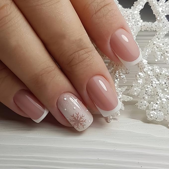 Curvlife Soft Gel Press On Nails – Reusable False Natural Fit Fake Nails Tips Stick Ons, Salon Quality UV Finish (snowflake french, Short)