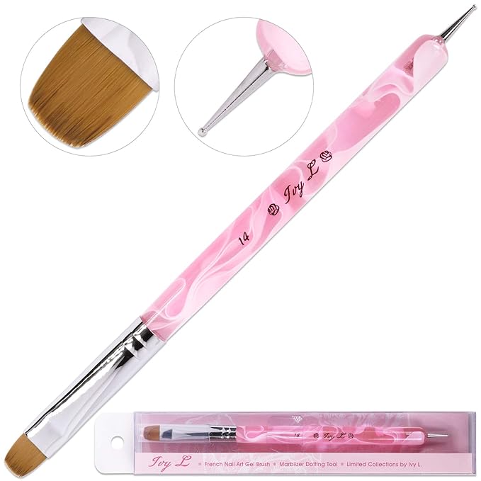 Ivy L Premium 2 Way French Gel Acrylic Nail Art Kolinsky Brush with Dotting Tool for Professional Manicure Cuticle Clean up Nail Art Design (Size # 14, Pink Marble)
