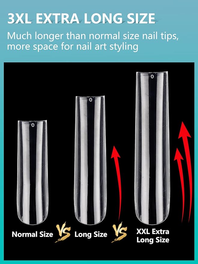 504PCS 3XL Clear Nail Tips for Acrylic Nails Professional, XXXL Extra Long Tapered Square Full Cover Nail Tips, 12 Sizes Ballerina Straight Artificial Press on Fake Nail Tips for Nail Salons Home DIY