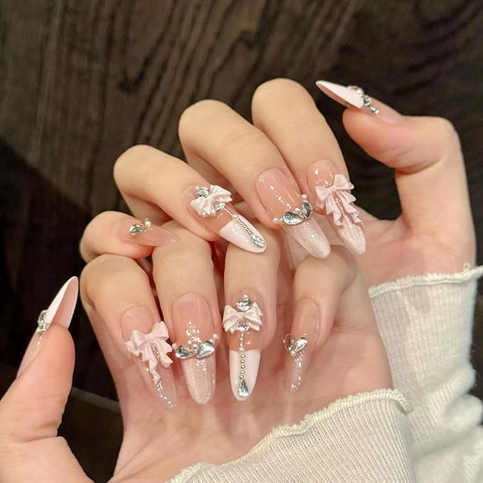 Handmade Press on Nails Long Stiletto Fake Nails Pink French Tip False Nails with 3D Rhinestones Bow Designs Sparkly luxury Artificial Nails Reusable for Women 10pcs (Size M）