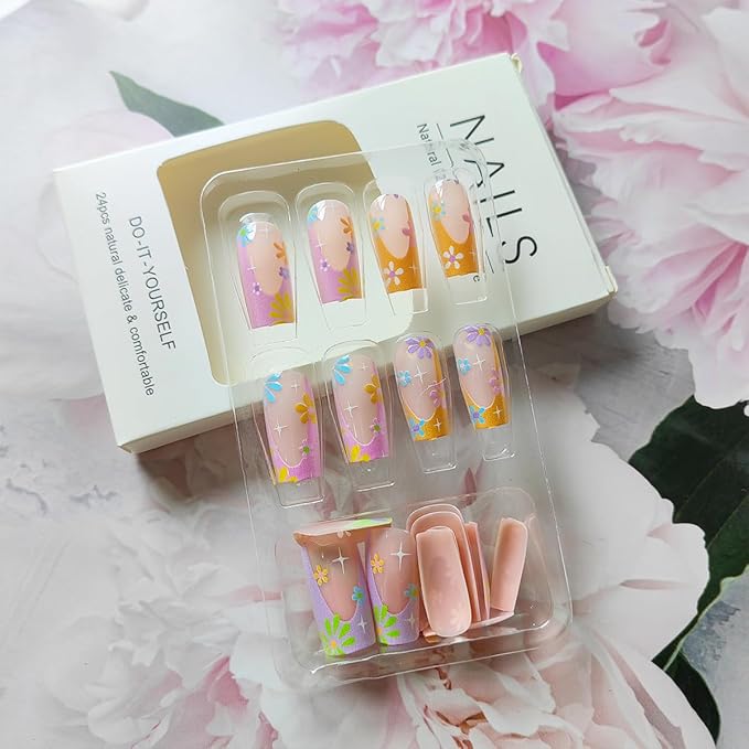 24Pcs Colorful French Tip Press on Nails Long Square Fake Nails Color Summer Daisy Full Cover Design Glue On Nails Coffin Shape False Nails Flowers Acrylic Press Ons for Women Manicure Art