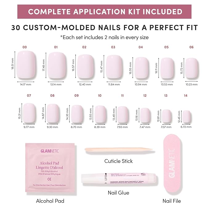 Glamnetic Press On Nails - Soft Girl | Short Squoval Pink Fake Nails, Salon Quality Milky Nails | 15 Sizes - 30 Nail Kit with Glue