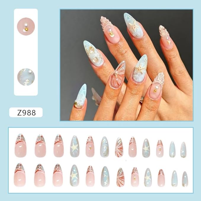 Ocean Press on Nails - Medium Almond Stick on Nails - Pearl Seashell Design - 3D Starfish False Nail Full Cover Blue Handmade Glue on Nails Glossy Summer Fake Nail for Women Manicure 24Pcs