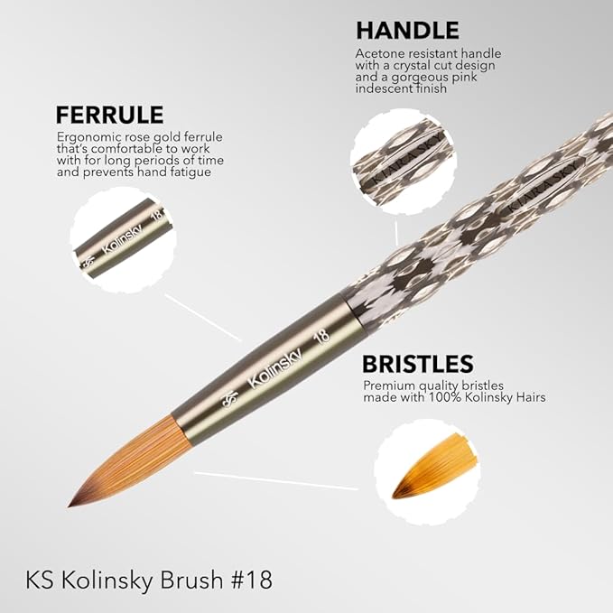 Kiara Sky Acrylic Brush #18 - Black | 100% Pure Kolinsky | Crystal Cut Handle and Acetone Resistant