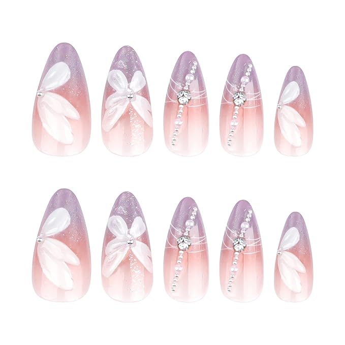 Almond Press on Nails Medium - Ombre Purple Fake Nails with Flower Butterfly Design - Rhinestone, Full Cover Stick on False Nails for Women 24Pcs