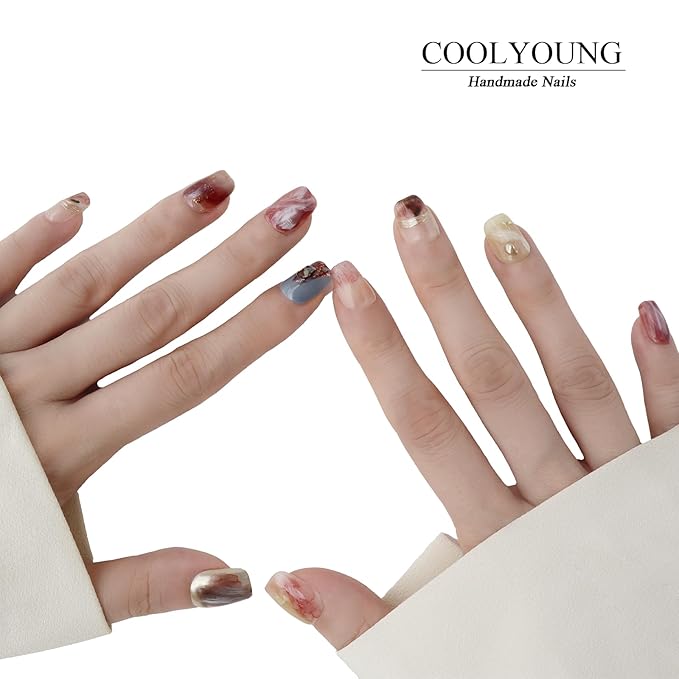 Press On Nails - Short Square Nails, Thick Acrylic Multi-Layer Gel Fake Nails, Hand Made Press On Nails Short, COOLYOUNG Nails, 10 PCS, Size S