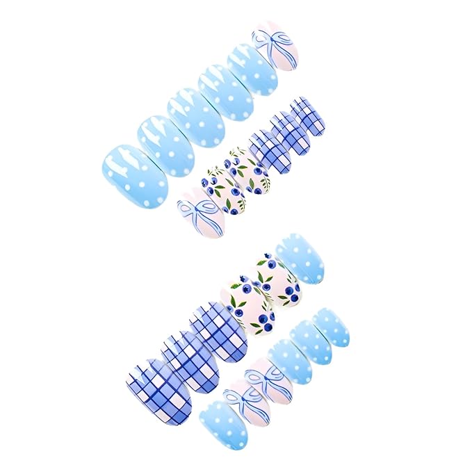 Short Almond Press on Nails Blue Fake Nails Polka Dot Nails Press Ons Blue Bow False Nails Glossy Full Cover Stick on Nail Spring Summer Glue on Nail for Women Decorations Set 24Pcs