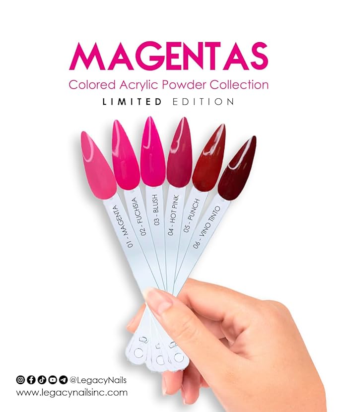 Legacy Nails Professional COLLECTION Acrylic Powder Kit 6 Colors Nail Art Set for Manicure DIY for Dip & Acrylic Nail Extensions (MAGENTAS COLLECTION)