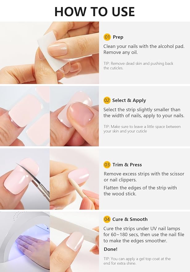 Semi Cured Gel Nail Strips (Nude Ombre), Gold Glitter, 20 Pcs Gel Nail Wraps, Stickers, UV Light Required, Salon Quality, Long Lasting