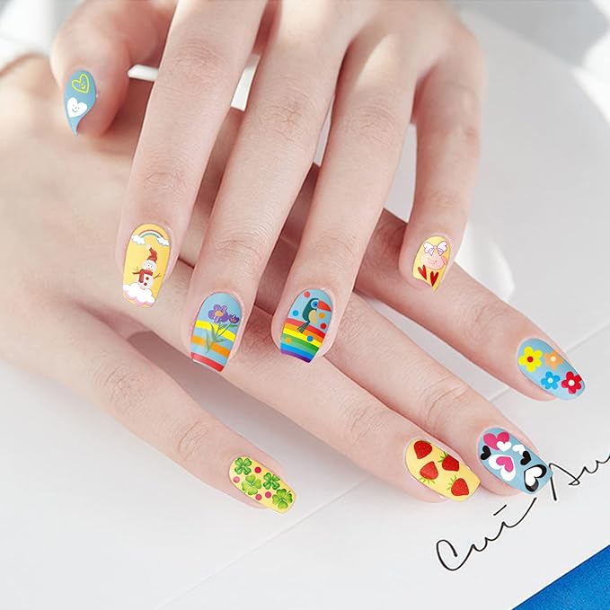 24 Sheets Nail Art Stickers, Nail Sticker Decals for Girl Women, Cute Flower Heart Rainbow Star Nail Stickers Decoration Self-Adhesive